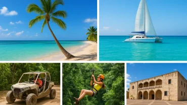 Collage of the best tours in Punta Cana featuring Saona Island beach, catamaran sailing, zipline adventure, ATV off-road, and cultural tour in Santo Domingo.