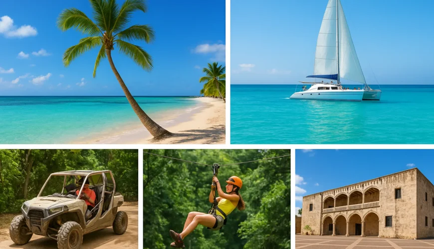 Collage of the best tours in Punta Cana featuring Saona Island beach, catamaran sailing, zipline adventure, ATV off-road, and cultural tour in Santo Domingo.