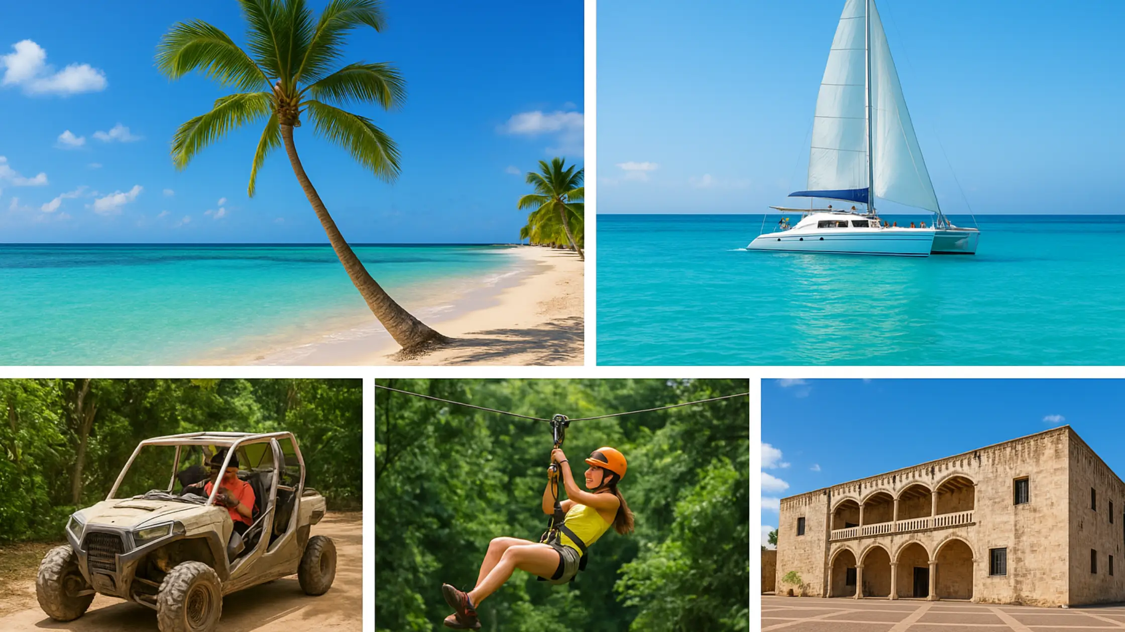 Collage of the best tours in Punta Cana featuring Saona Island beach, catamaran sailing, zipline adventure, ATV off-road, and cultural tour in Santo Domingo.