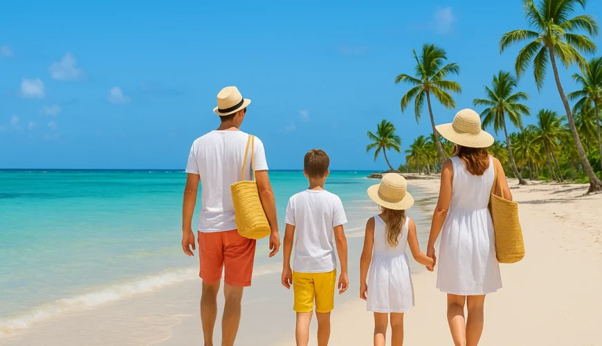 A family walking along a tropical beach in Punta Cana with kids, enjoying palm trees, turquoise waters, and sunny skies during a Caribbean vacation.