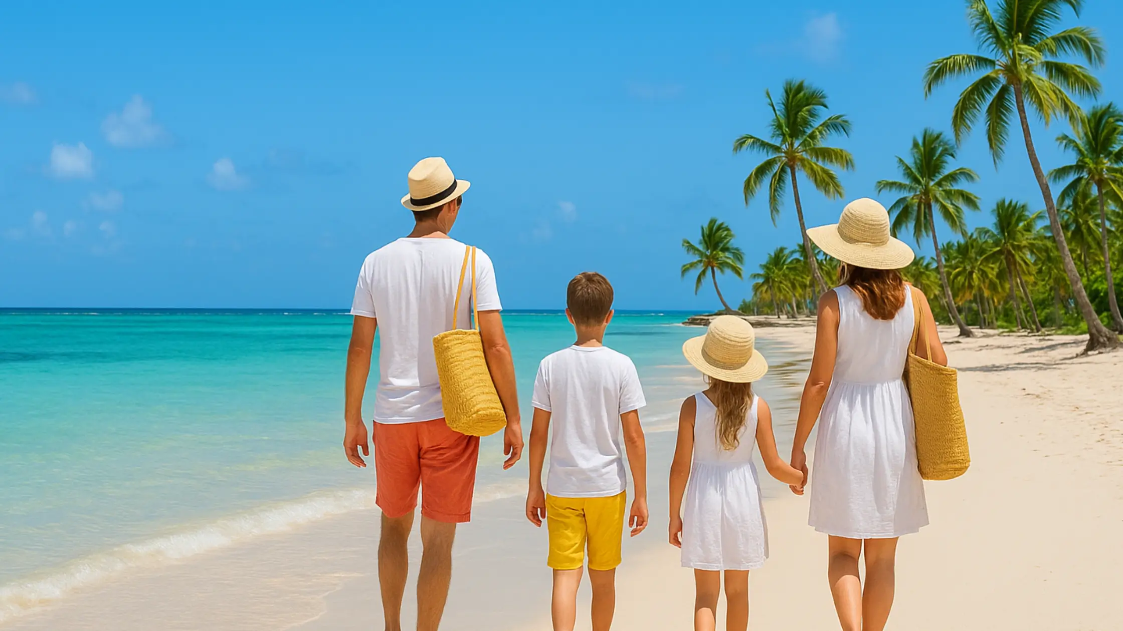 A family walking along a tropical beach in Punta Cana with kids, enjoying palm trees, turquoise waters, and sunny skies during a Caribbean vacation.