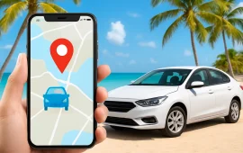 Smartphone showing a navigation app with a car icon and location pin, in front of a white sedan parked by a tropical beach in Punta Cana, illustrating transportation options and the question "Do Uber or Lyft work in Punta Cana?