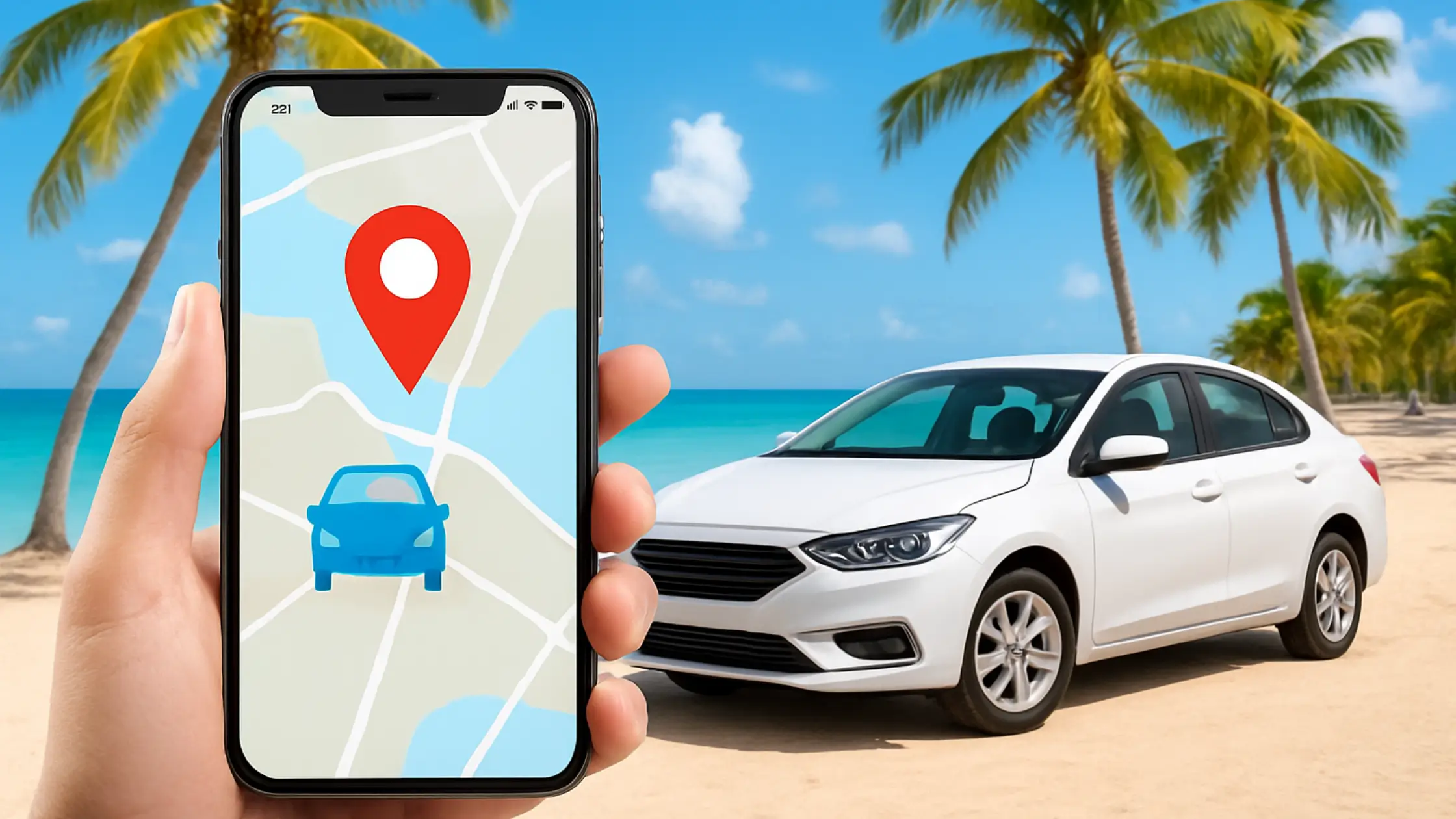 Smartphone showing a navigation app with a car icon and location pin, in front of a white sedan parked by a tropical beach in Punta Cana, illustrating transportation options and the question "Do Uber or Lyft work in Punta Cana?